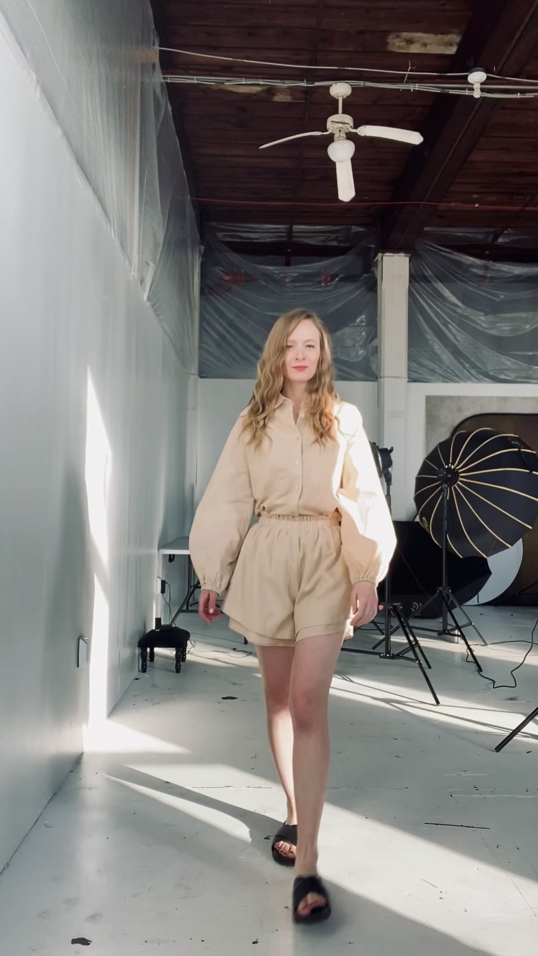 Two Piece Set - Cotton Blouse and Shorts in Beige color