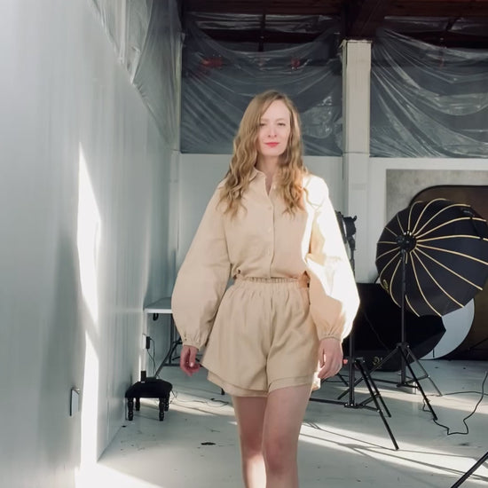 Two Piece Set - Cotton Blouse and Shorts in Beige color