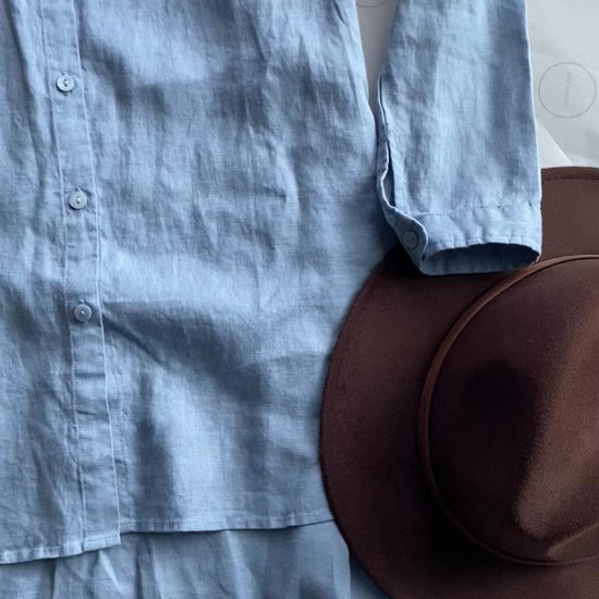 Linen Long Sleeve Shirt in Stone Blue color