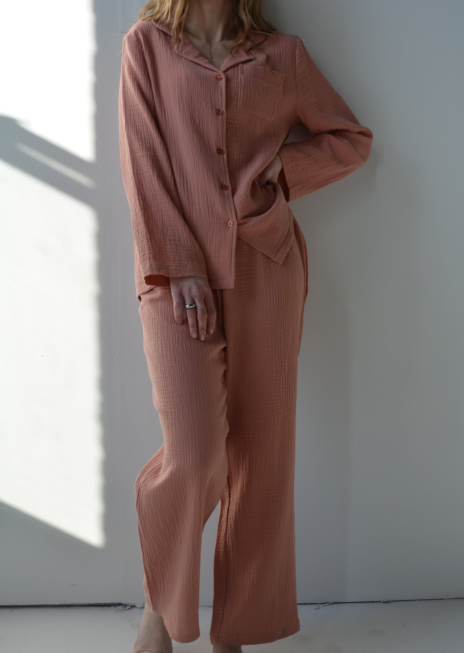 Cotton Muslin double gauze Sleepwear Set pajama set in pink color