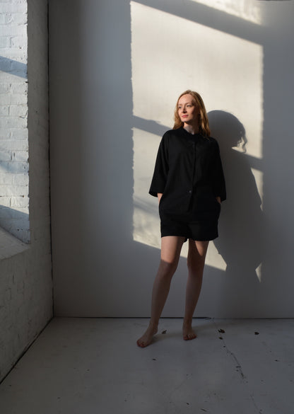 Two Piece Set - Cotton Shirt and Shorts in black color
