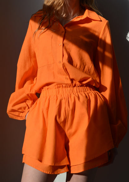 Two Piece Set - Cotton Blouse and Shorts in Tangerine color