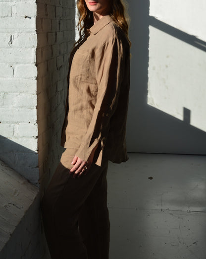 100% European Linen Sleepwear Set (pajama set) in brown color