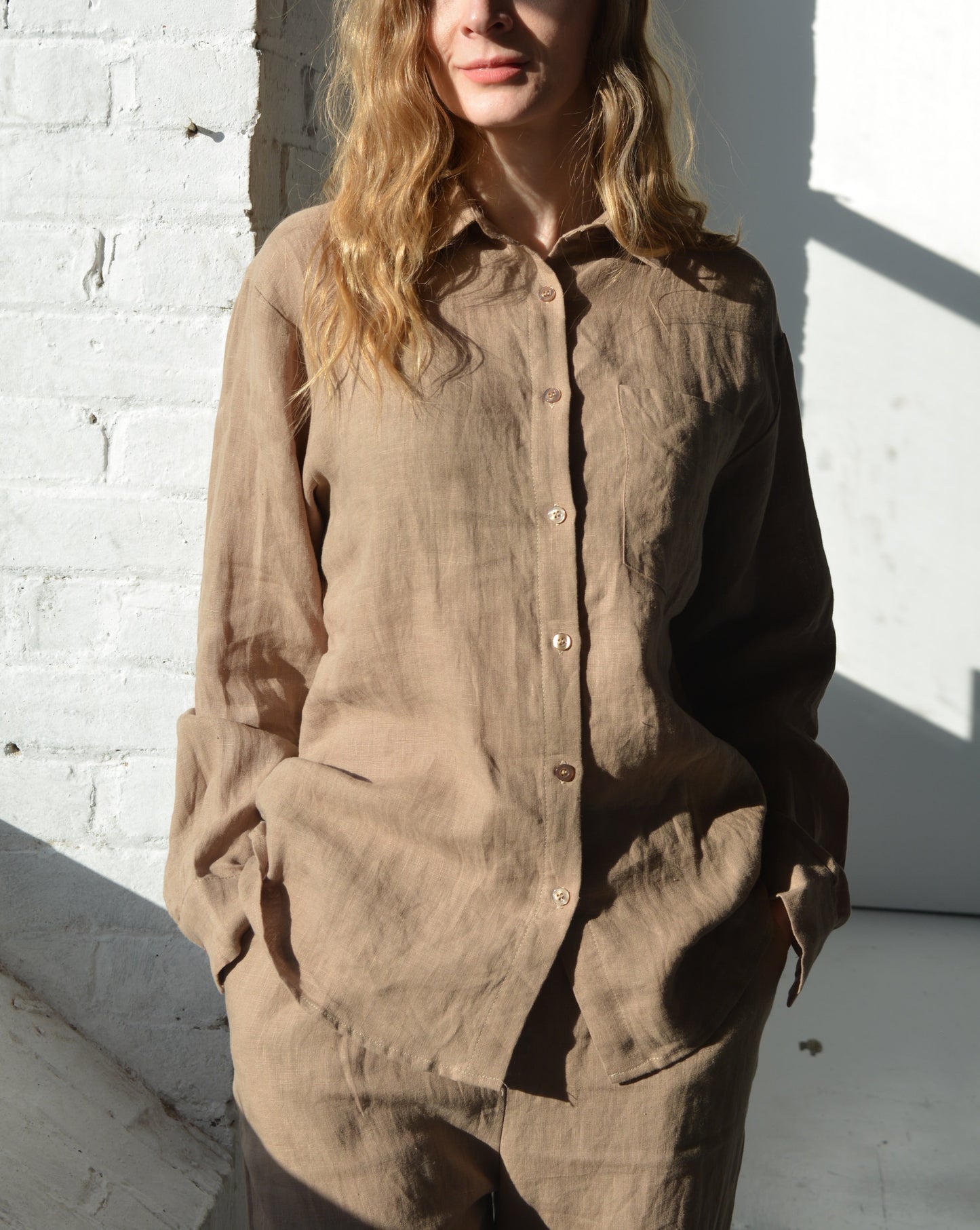 100% European Linen Sleepwear Set (pajama set) in brown color