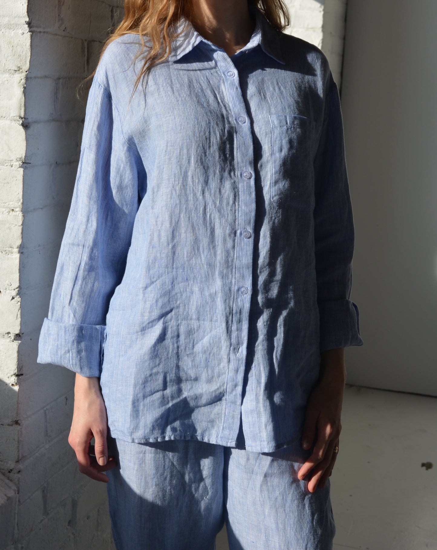 100% European Linen Sleepwear Set (pajama set) in Clear Sky color (blue and white stripes)