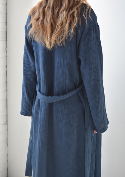Cotton Muslin Double gauze Robe in Deep Blue color