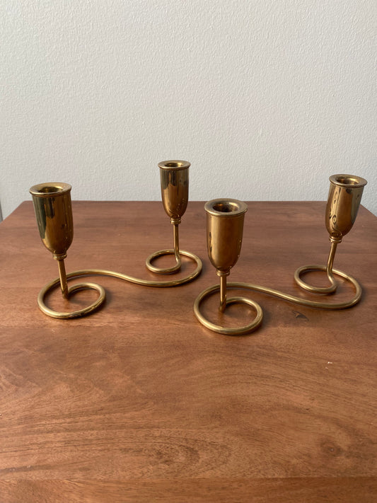 Vintage Brass Double Candlesticks (Set of 2) – Mid-Century Spiral Design