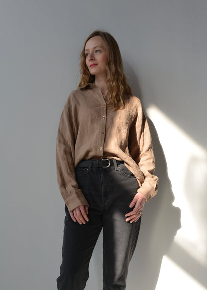 Linen Long Sleeve Shirt in Bronzed Brown color
