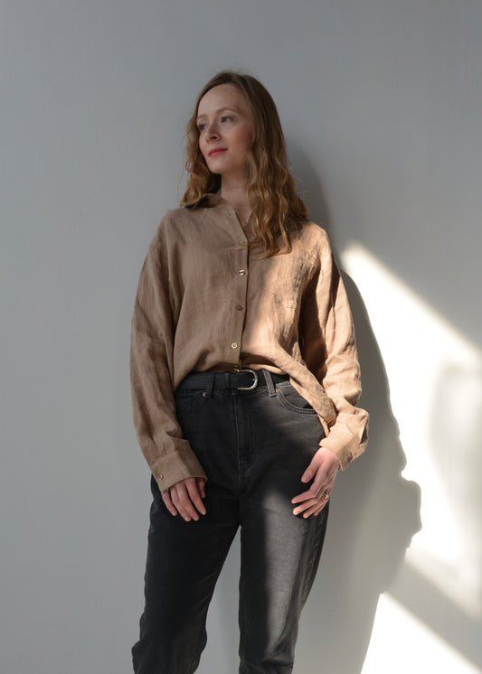 Linen Long Sleeve Shirt in Bronzed Brown color