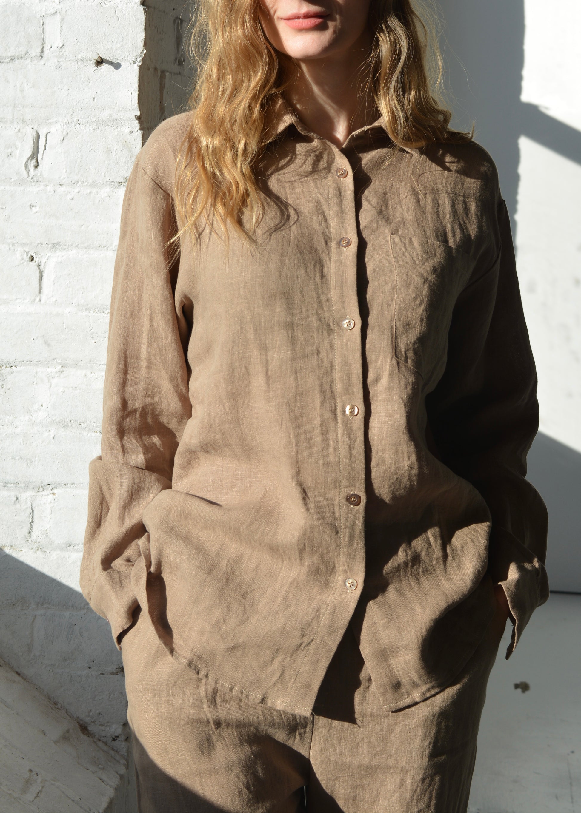 Linen Long Sleeve Shirt in Bronzed Brown color