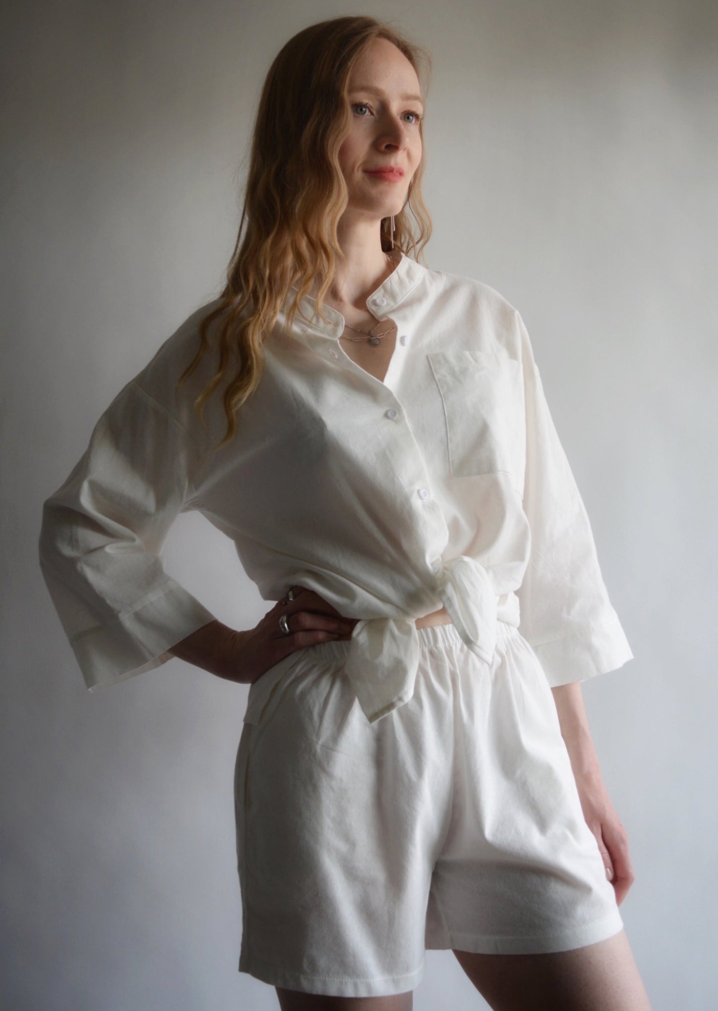 Two Piece Set - Cotton Shirt and Shorts in Porcelain (white) color