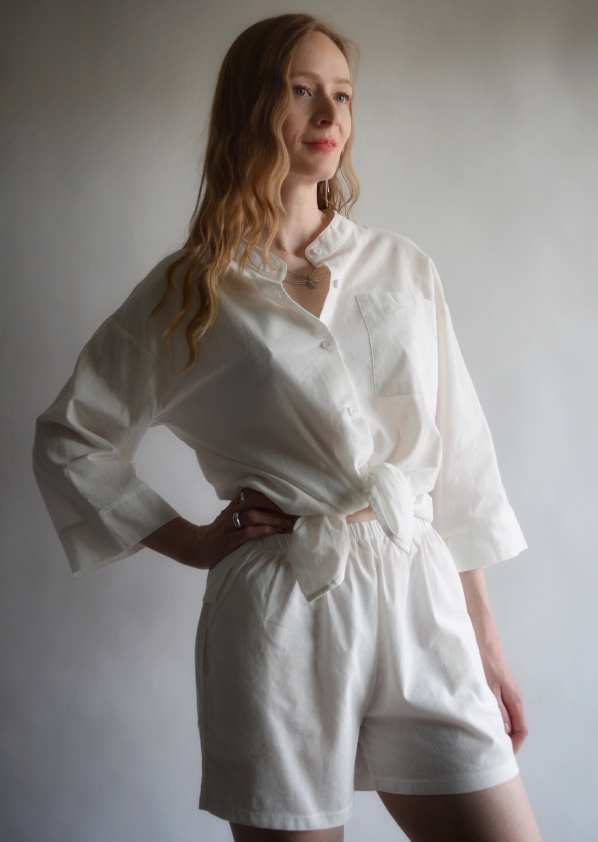 Two Piece Set - Cotton Shirt and Shorts in Porcelain (white) color