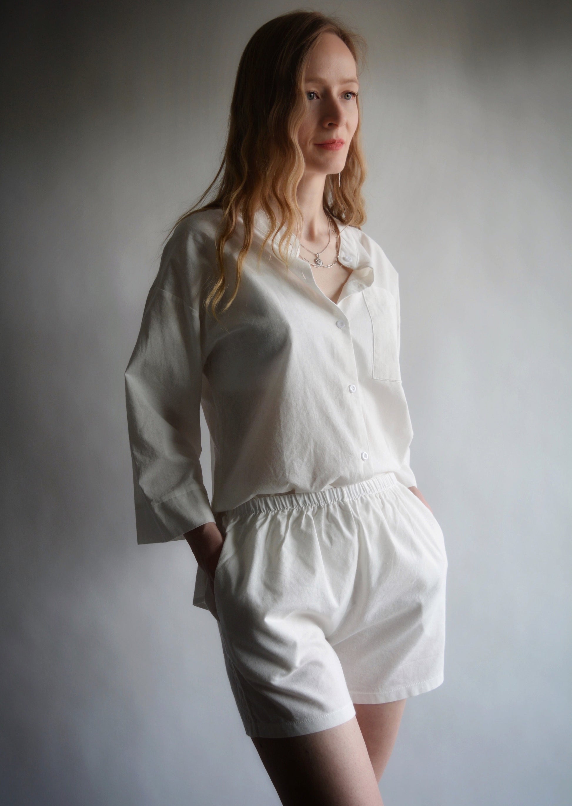 Two Piece Set - Cotton Shirt and Shorts in Porcelain (white) color