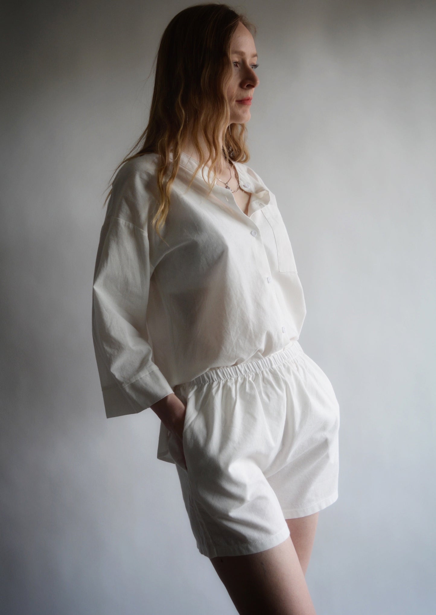 Two Piece Set - Cotton Shirt and Shorts in Porcelain (white) color