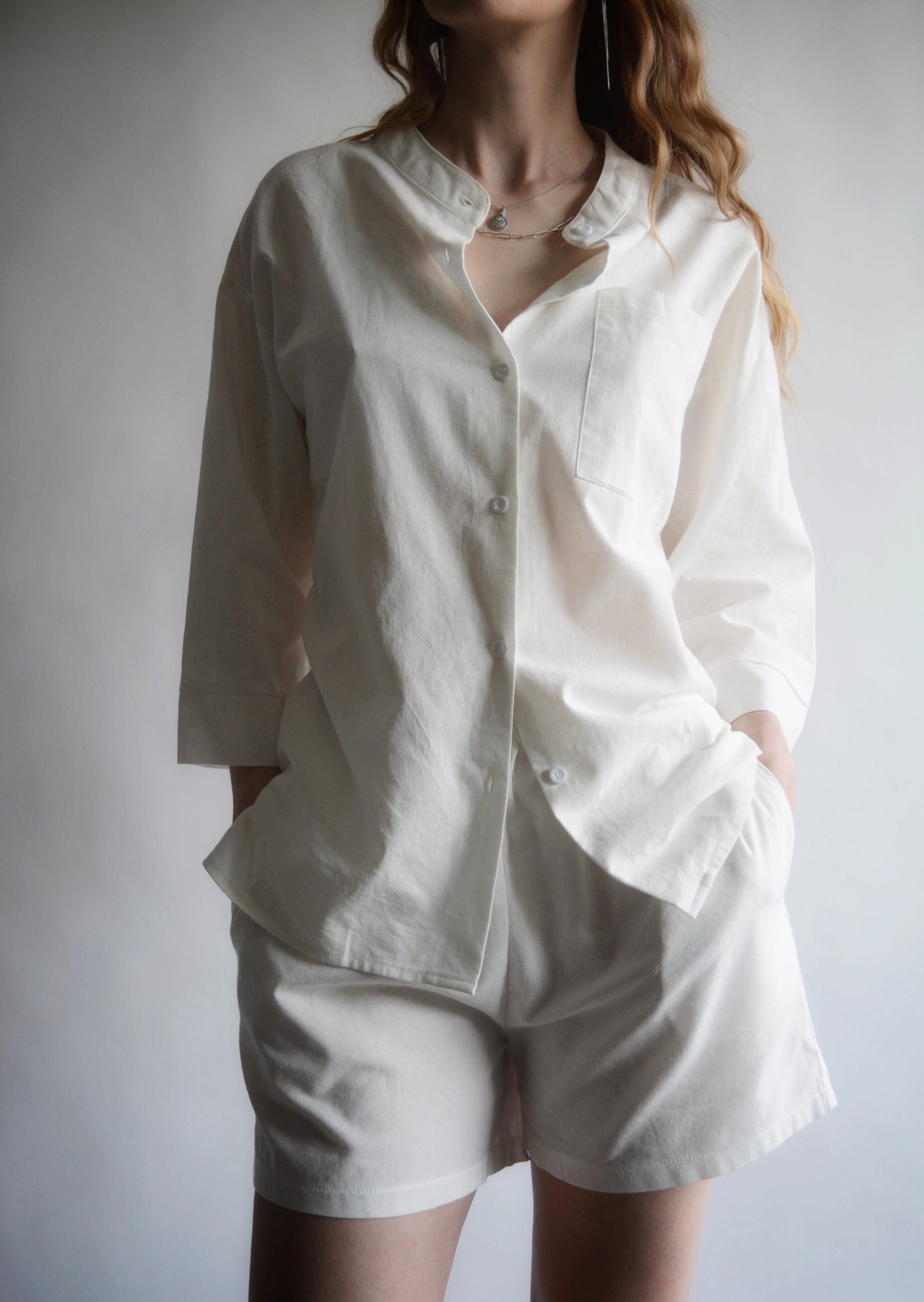 Two Piece Set - Cotton Shirt and Shorts in Porcelain (white) color