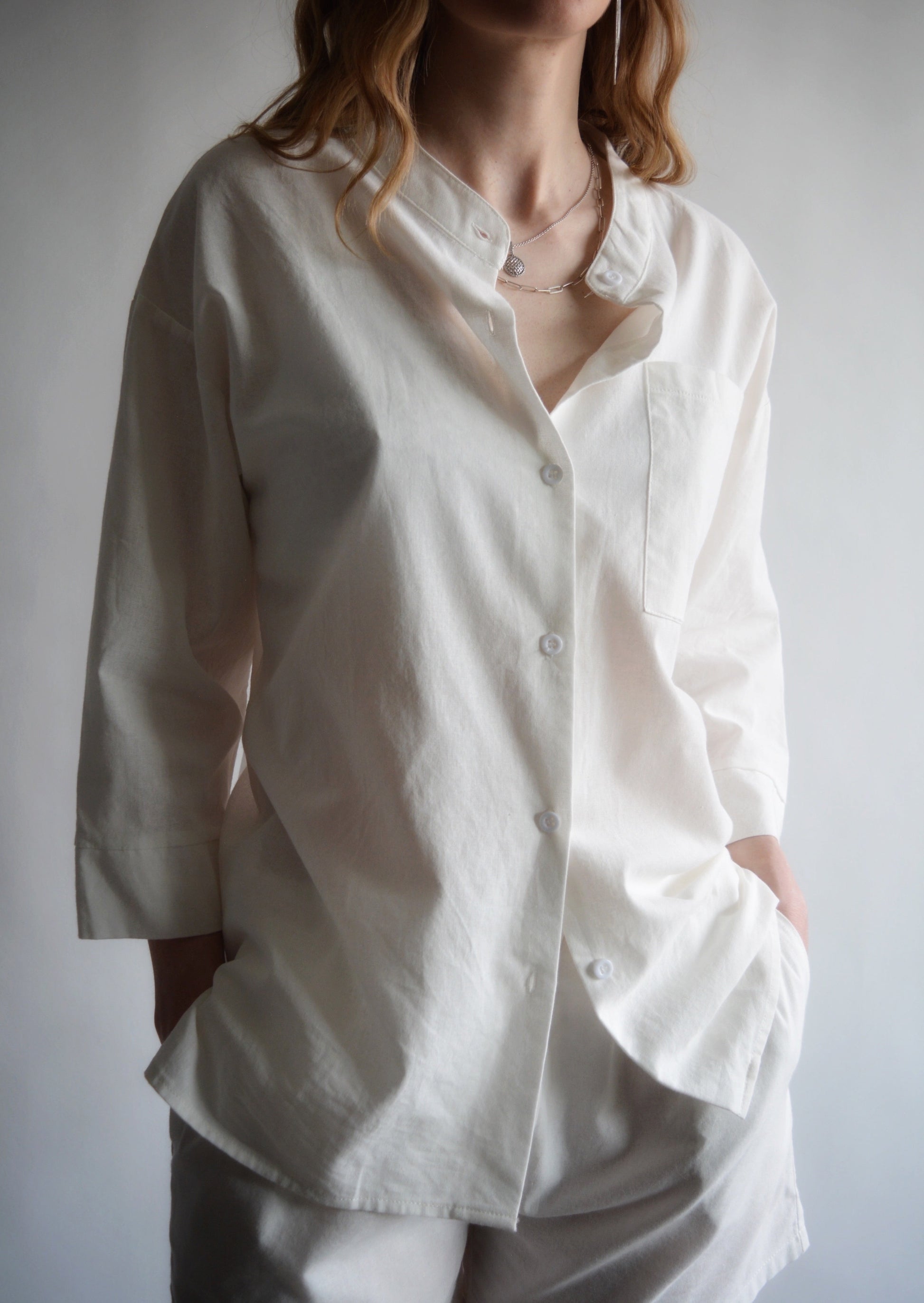Two Piece Set - Cotton Shirt and Shorts in Porcelain (white) color