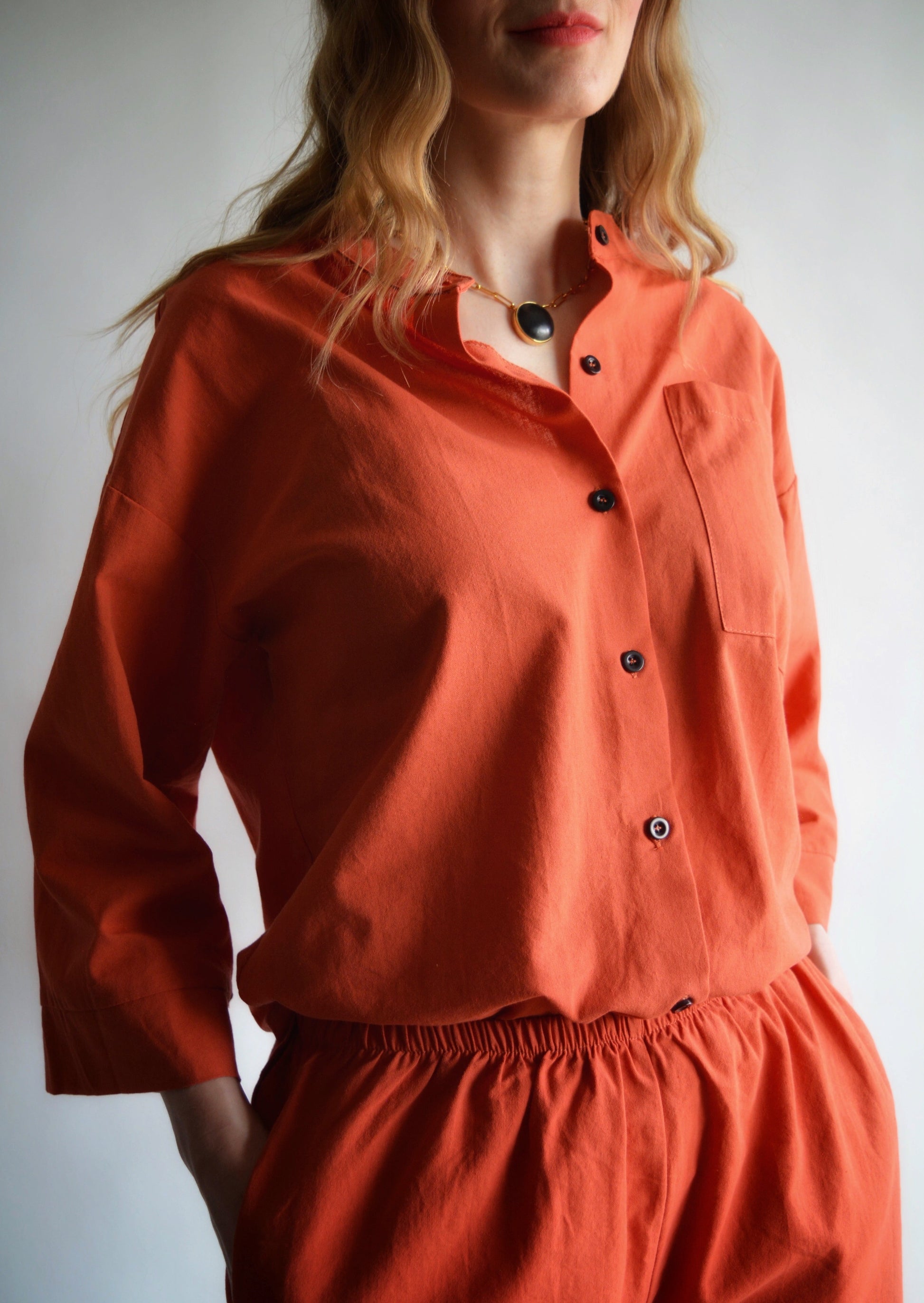 Two Piece Set - Cotton Shirt and Shorts in Cali Sunset color