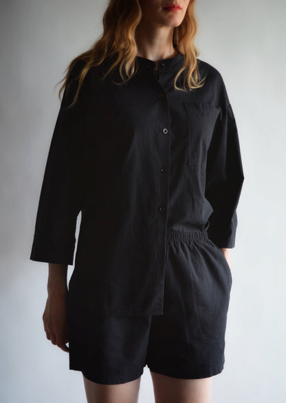 Two Piece Set - Cotton Shirt and Shorts in black color