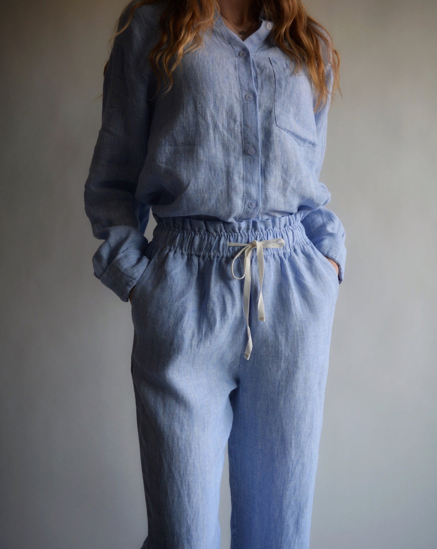 100% European Linen pajama set  in Clear Sky color (blue and white stripes)