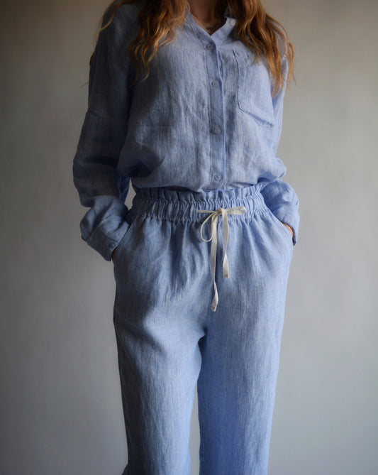 100% European Linen pajama set  in Clear Sky color (blue and white stripes)