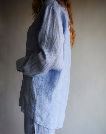 100% European Linen Sleepwear Set (pajama set) in Clear Sky color (blue and white stripes)
