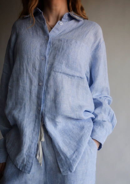 Linen Long Sleeve Shirt in Clear Sky (blue) color