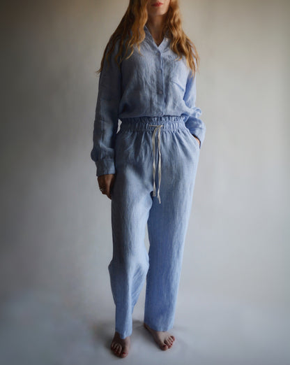 100% European Linen Sleepwear Set (pajama set) in Clear Sky color (blue and white stripes)