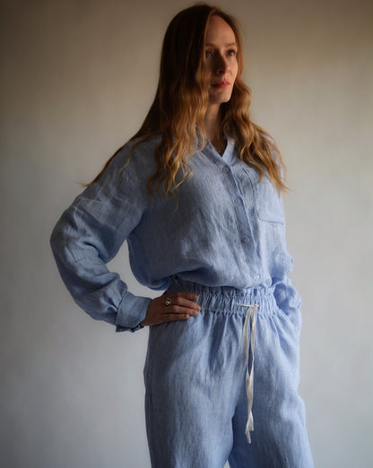 100% European Linen Sleepwear Set (pajama set) in Clear Sky color (blue and white stripes)