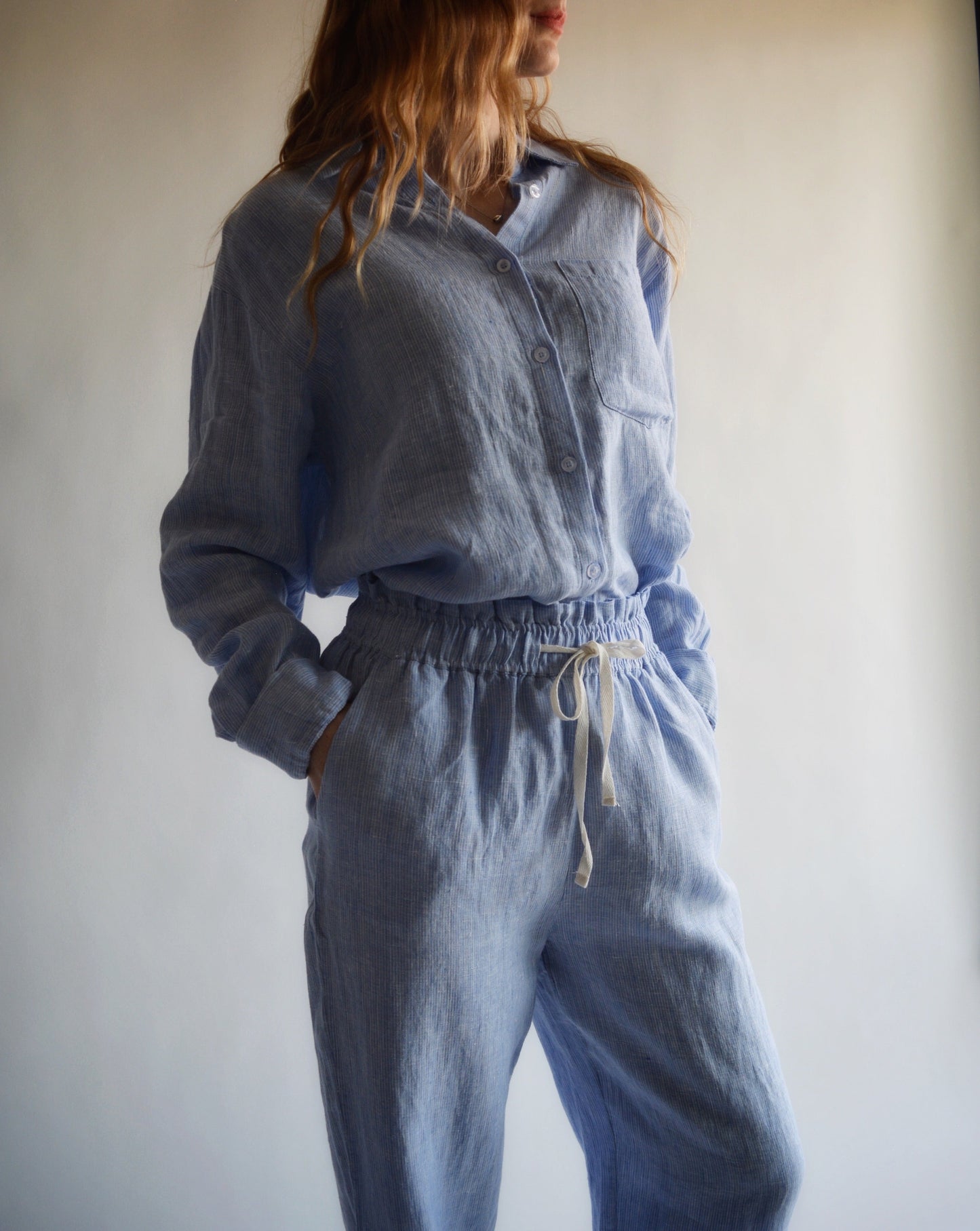 100% European Linen Sleepwear Set (pajama set) in Clear Sky color (blue and white stripes)