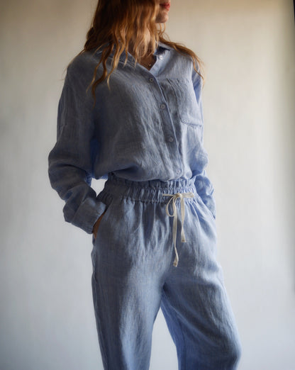 100% European Linen Sleepwear Set (pajama set) in Clear Sky color (blue and white stripes)