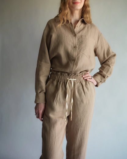 100% European Linen Sleepwear Set (pajama set) in brown color