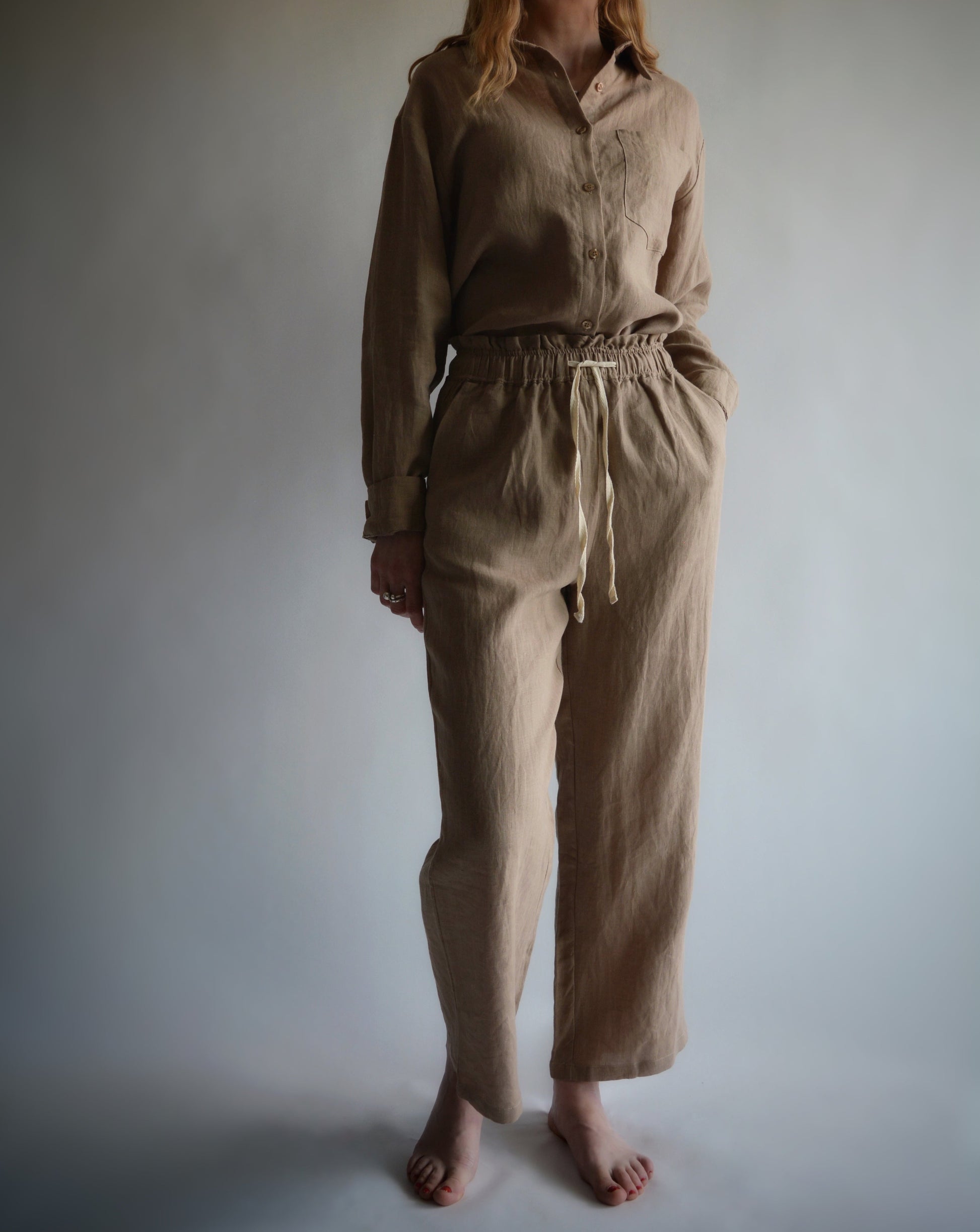 100% European Linen Sleepwear Set (pajama set) in brown color