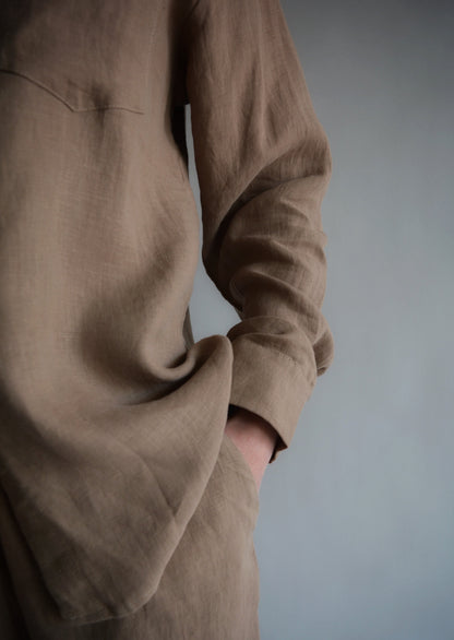 Linen Long Sleeve Shirt in Bronzed Brown color
