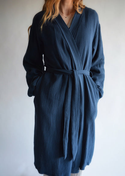 Cotton Muslin Double gauze Robe in Deep Blue color