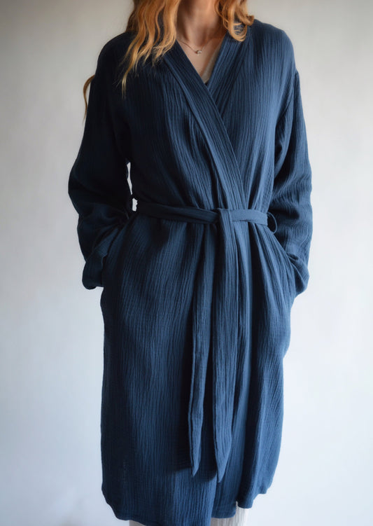 Cotton Muslin Double gauze Robe in Deep Blue color