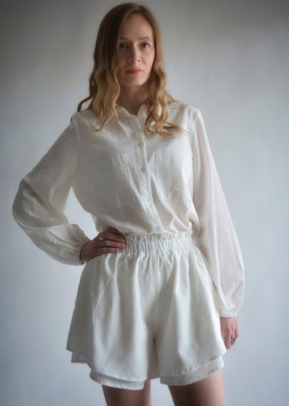 Two Piece Set - Cotton Blouse and Shorts in White color