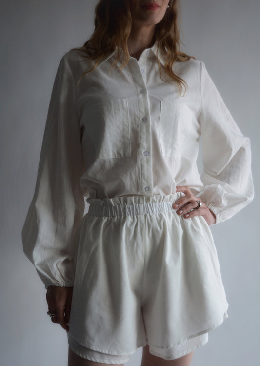 Two Piece Set - Cotton Blouse and Shorts in White color