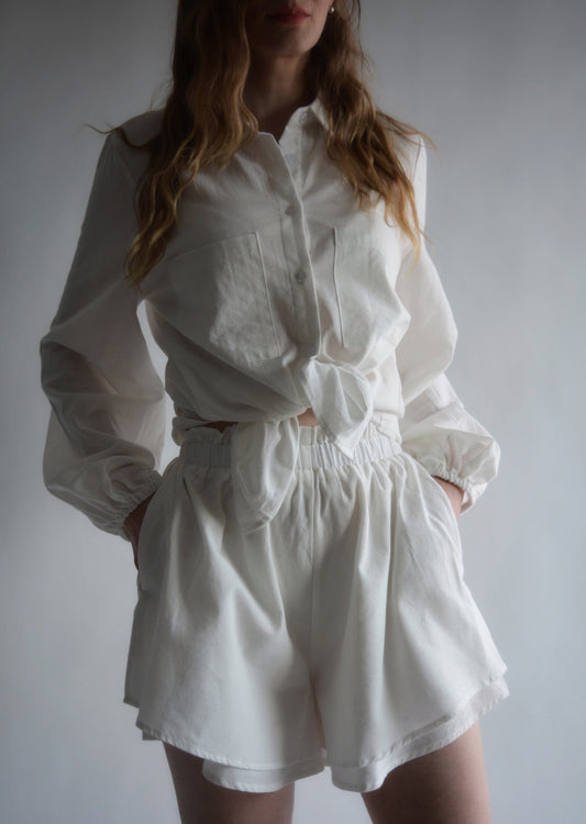 Two Piece Set - Cotton Blouse and Shorts in White color