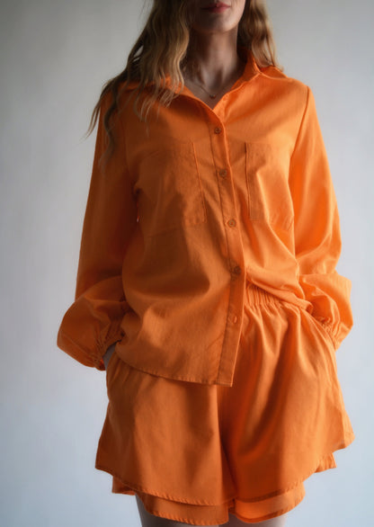 Two Piece Set - Cotton Blouse and Shorts in Tangerine color