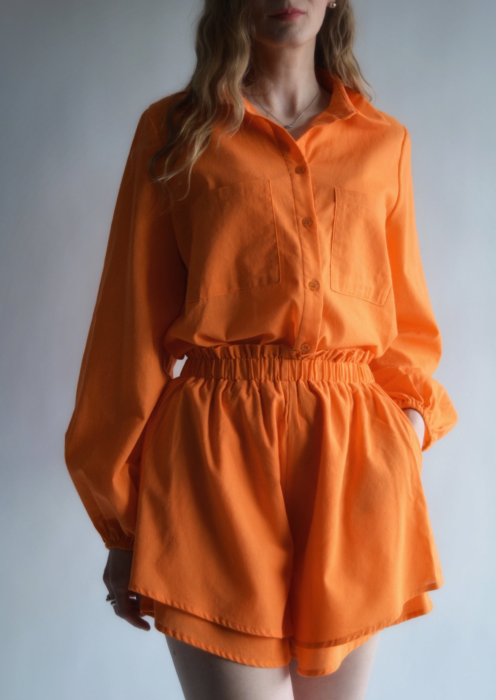 Two Piece Set - Cotton Blouse and Shorts in Tangerine color
