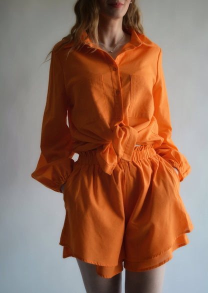 Two Piece Set - Cotton Blouse and Shorts in Tangerine color