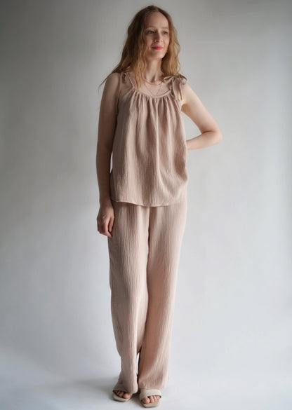 Muslin Two-Piece Set: Cotton Tank and Pants in Sandy Beige color