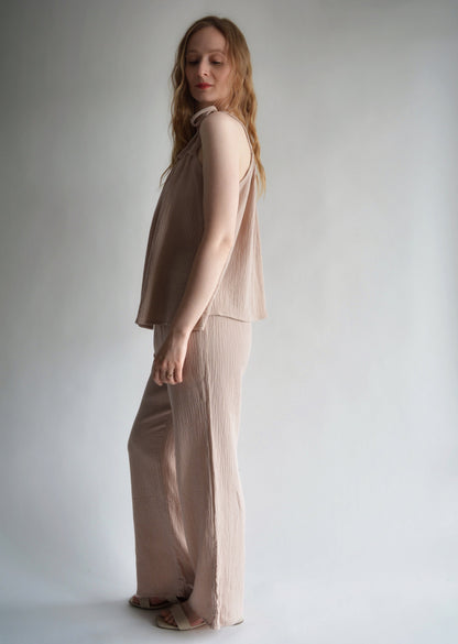 Muslin Two-Piece Set: Cotton Tank and Pants in Sandy Beige color