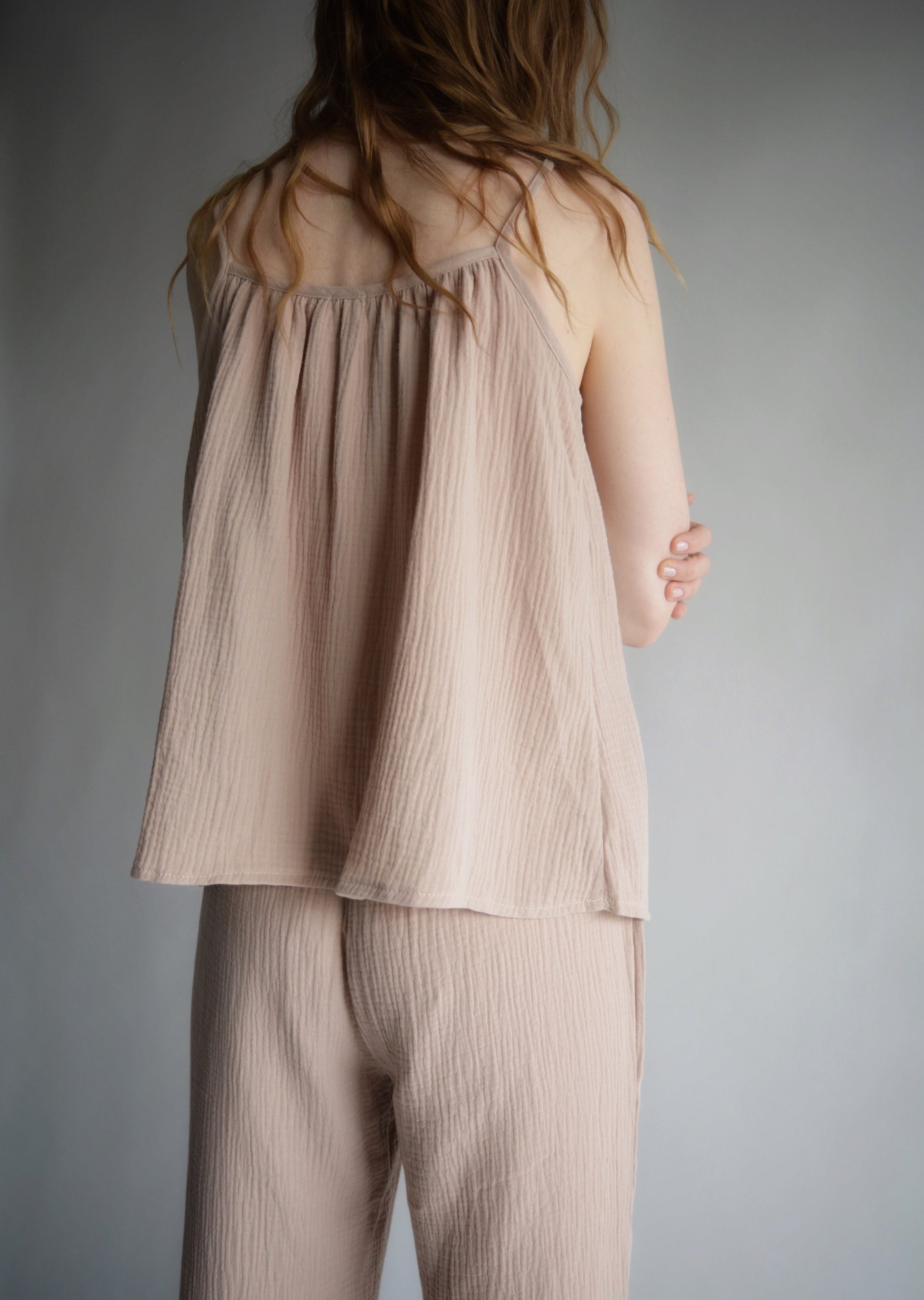 Muslin Two-Piece Set: Cotton Tank and Pants in Sandy Beige color