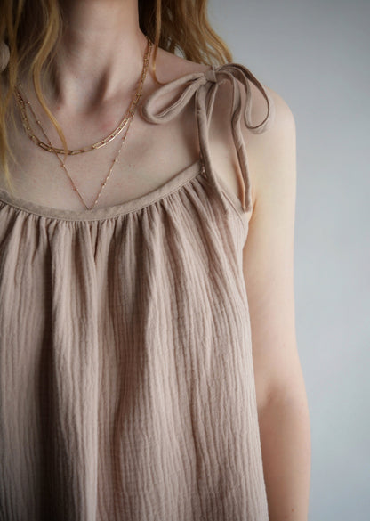 Muslin Two-Piece Set: Cotton Tank and Pants in Sandy Beige color