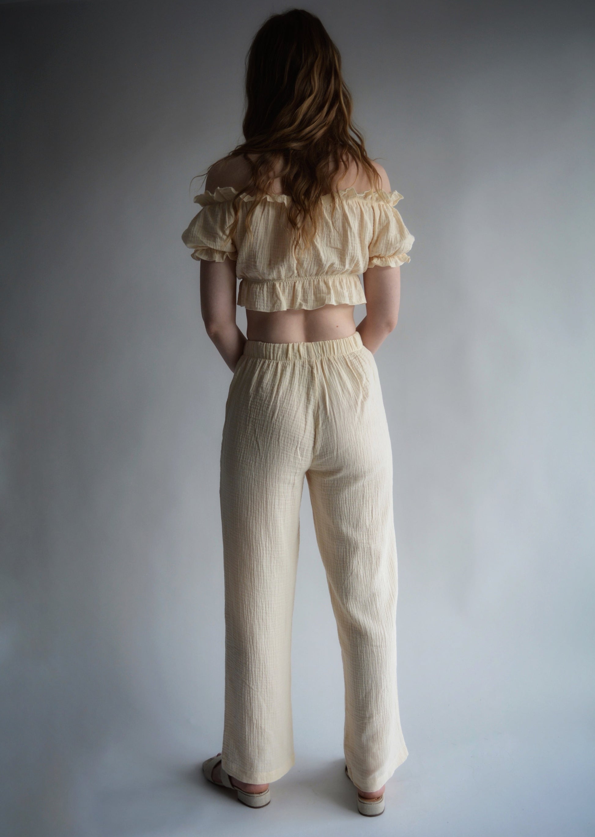 Cotton Muslin  Two-Piece Set: Crop Top and Pants in Ivory