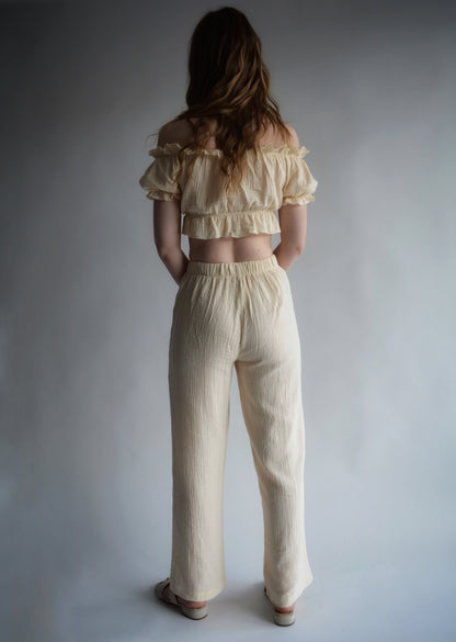 Cotton Muslin  Two-Piece Set: Crop Top and Pants in Ivory
