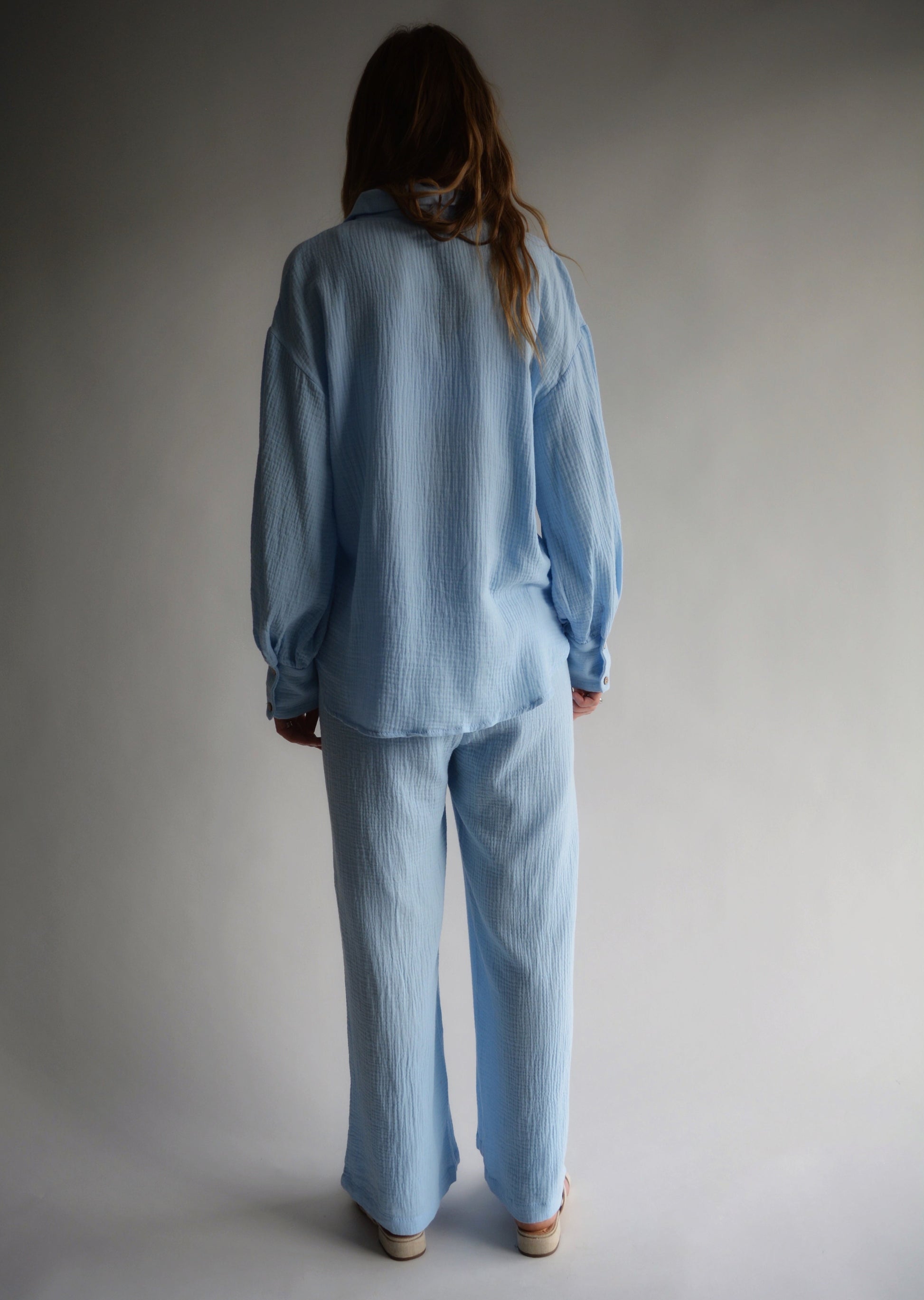 Cotton Muslin Two-Piece Set: Top and Pants in Light Blue