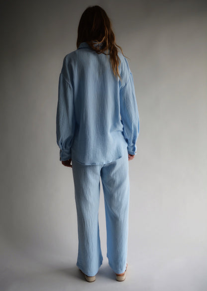Cotton Muslin Two-Piece Set: Top and Pants in Light Blue