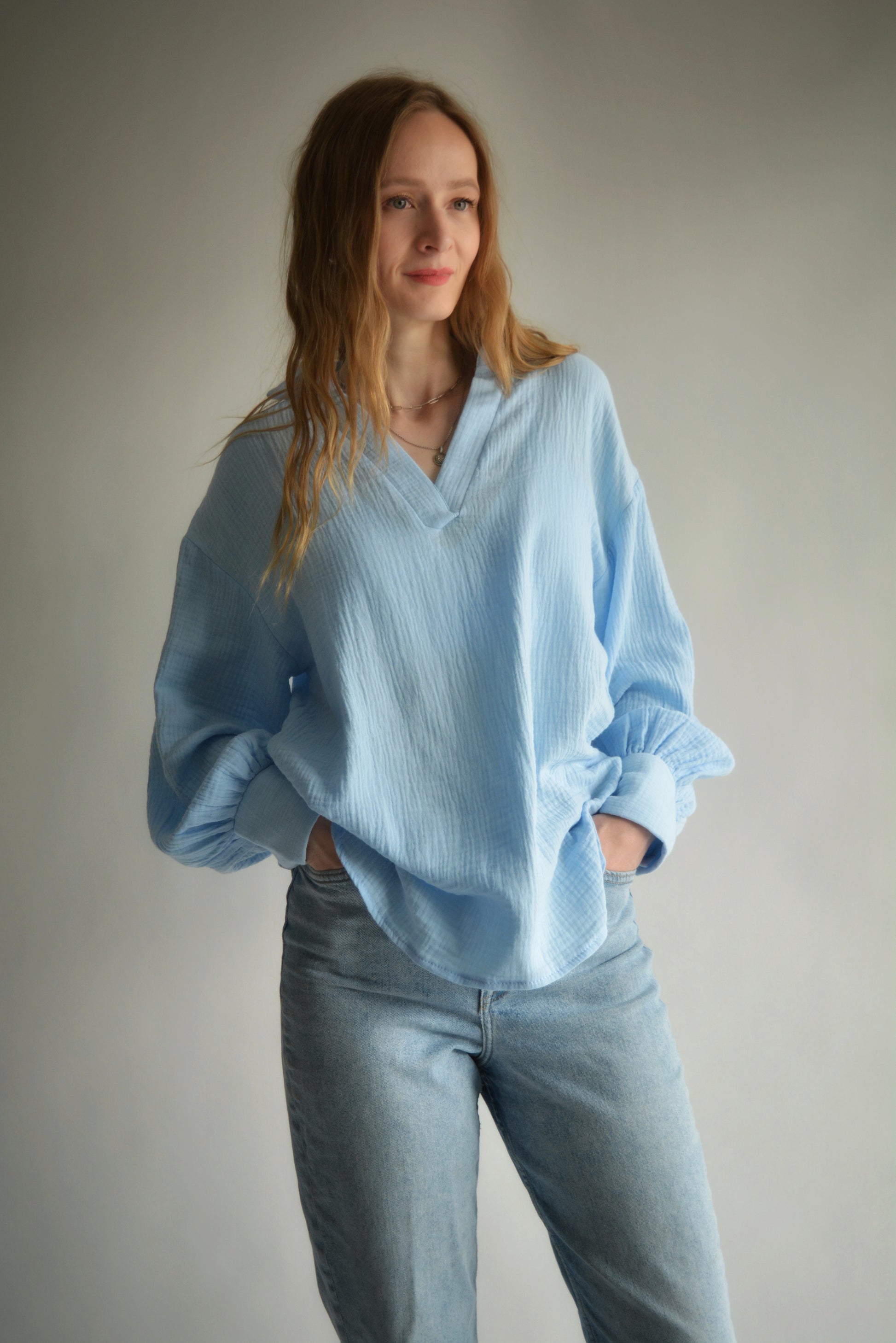 Cotton Muslin Top in Light Blue